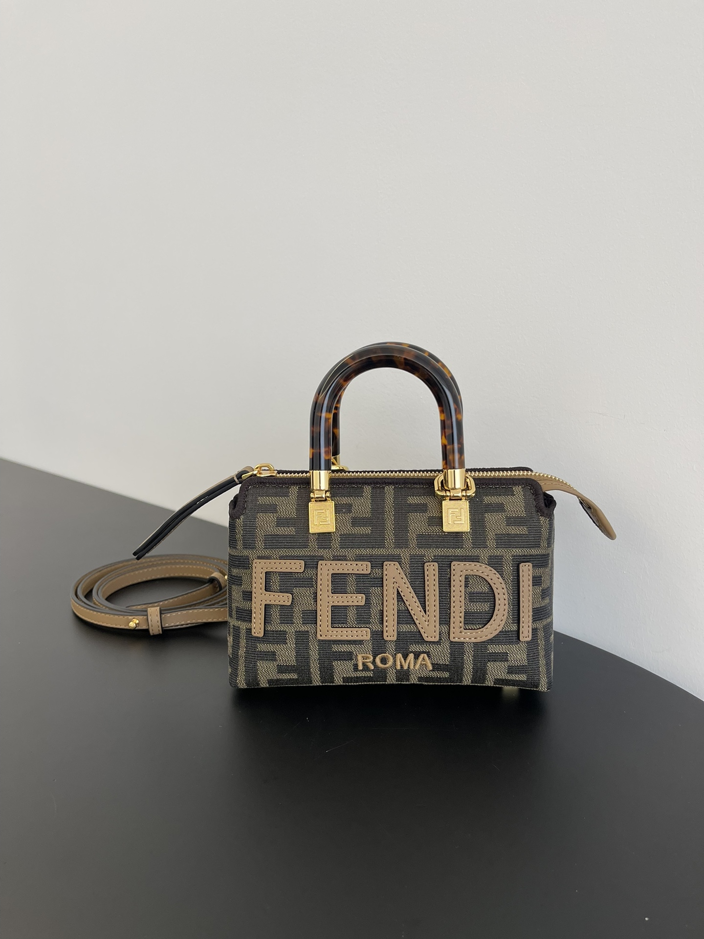 Fendi Mini By The Way FF Fabric Boston Shoulder Bag Brown